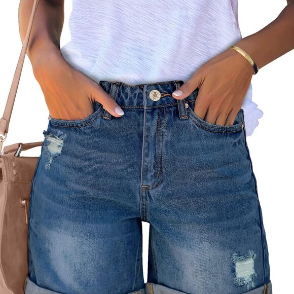 Women's Casual Ripped Denim Shorts High Rise A Dusk Blue XL